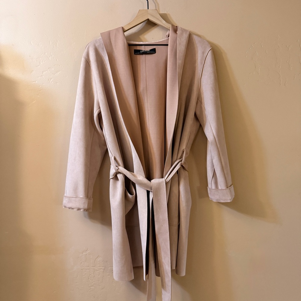 ZARA Faux Suede Coat Women’s XL Hooded Belted Dusty Pink